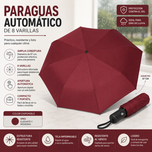 Paraguas Automático de 8 Varillas Color Vino por Mayoreo Paraguas Automático de 8 Varillas Color Vino por Mayoreo