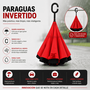 Paraguas Invertido con Mango en C Color Rojo por Mayoreo