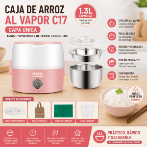 Caja de arroz al vapor C17 de capa única, práctica y compacta, con recipiente interno y tapa transparente. Ideal para arroz y alimentos. Venta por mayoreo.