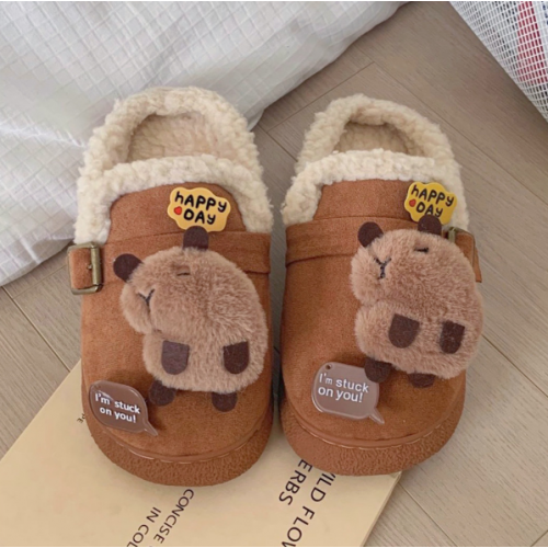 Pantuflas de algodón cálido de terciopelo y comodo para adultocon dibujo de capibara,Mayoreo 93018