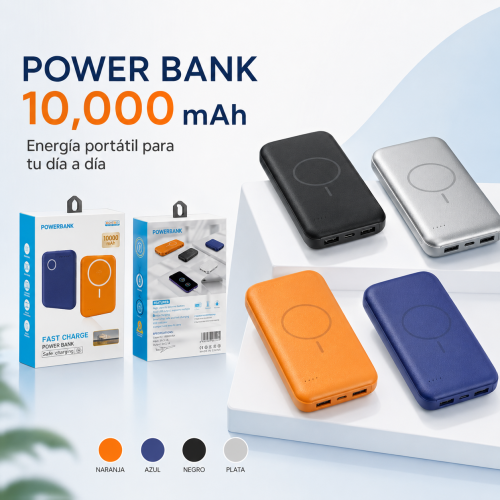 Power bank de 10,000 mAh disponible en cuatro colores, ideal para llevar energía portátil durante el día. 