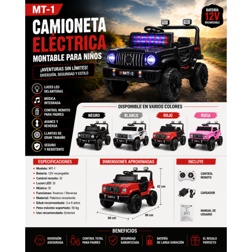 Camioneta Eléctrica Montable para Niños 12V con Control Remoto, Luces LED y Música MT-1