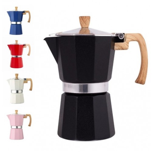 Cafetera tipo prensa Italiana Moka de Aluminio con Mango Tipo Madera, para uso doméstico, Venta por Mayoreo 135-3