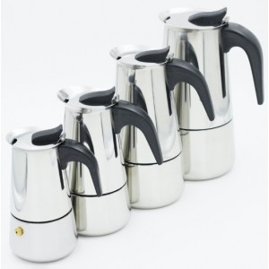 Cafetera estilo moka en acero inoxidable. Mango ergonómico, varias capacidades, apta para estufa. Ideal para café espresso, estilo europeo, térmica, portátil y eléctrica. por Mayoreo  135-5