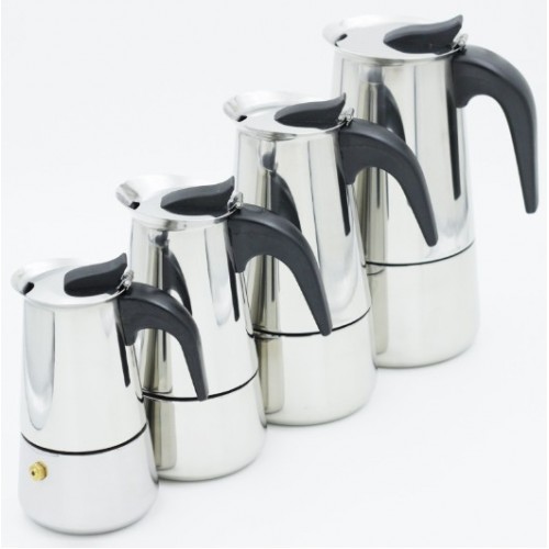 Cafetera estilo moka en acero inoxidable. Mango ergonómico, varias capacidades, apta para estufa. Ideal para café espresso, estilo europeo, térmica, portátil y eléctrica. por Mayoreo  135-5