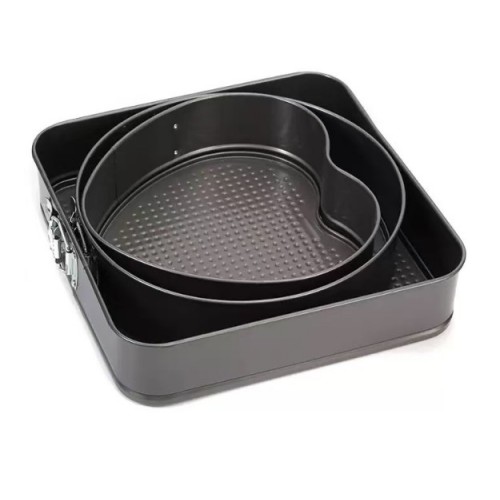 Set de 3 moldes desmontables de acero con recubrimiento antiadherente, incluye molde cuadrado, redondo y en forma de corazón. Perfectos para hornear pasteles y repostería profesional. Por Mayoreo  2017-5
