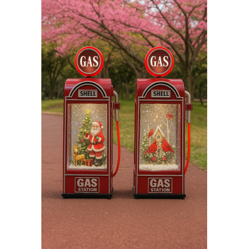 Adorno Navideño Vintage Dispensador de Gasolina con Luces LED y Escarcha – Santa Claus y Casita, Por Mayoreo D-21662