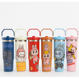 Vaso térmico infantil 900 ml con asa | Diseños de caricaturas, tapa anti-derrames Por Mayoreo ZH-921