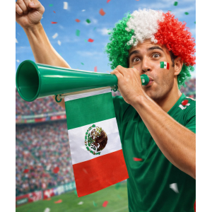 Trompeta de fútbol color verde, ideal para animar partidos, incluye cordón para colgar y diseño con bandera de México. por Mayoreo 2159-10