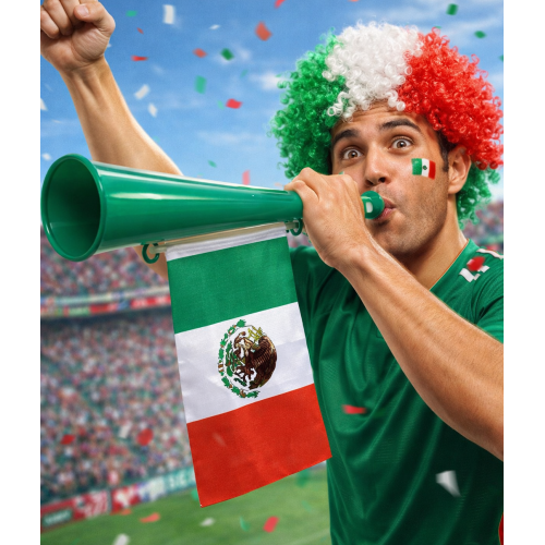 Trompeta de fútbol color verde, ideal para animar partidos, incluye cordón para colgar y diseño con bandera de México. por Mayoreo 2159-10 Trompeta de fútbol color verde, ideal para animar partidos, incluye cordón para colgar y diseño con bandera de México. por Mayoreo 2159-10