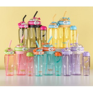 Trios de Botellas infantiles de colores con popote y tapa con ojos 3D – 3 tamaños diferentes – Plástico resistente- Por Mayoreo  883464