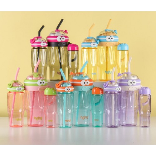 Trios de Botellas infantiles de colores con popote y tapa con ojos 3D – 3 tamaños diferentes – Plástico resistente- Por Mayoreo  883464