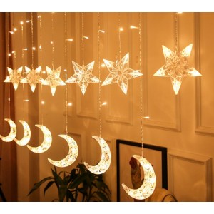Cortina de luces LED decorativa con estrellas y lunas – Guirnalda luminosa cálida para habitación, fiestas o Navidad- Por Mayoreo 883639