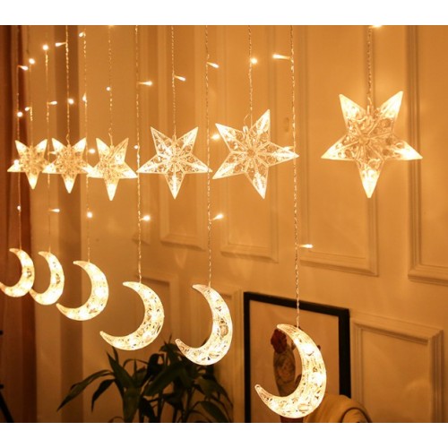Cortina de luces LED decorativa con estrellas y lunas – Guirnalda luminosa cálida para habitación, fiestas o Navidad- Por Mayoreo 883639
