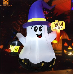Decoración inflable de fantasma con sombrero de brujo y luces LED – Modelo “Boo!” con lámpara – Ideal para Halloween exterior-1.5m, Por Mayoreo  9243-09