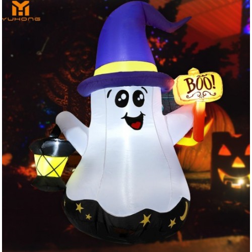 Decoración inflable de fantasma con sombrero de brujo y luces LED – Modelo “Boo!” con lámpara – Ideal para Halloween exterior-1.5m, Por Mayoreo  9243-09