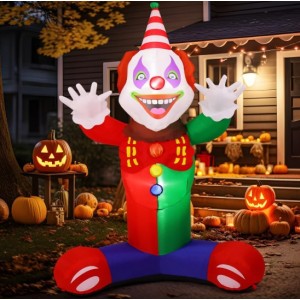 Inflable de payaso gigante con luces LED 2.1m alto – Decoración para Halloween exterior – Modelo colorido terror divertido- Por Mayoreo 9243-10 