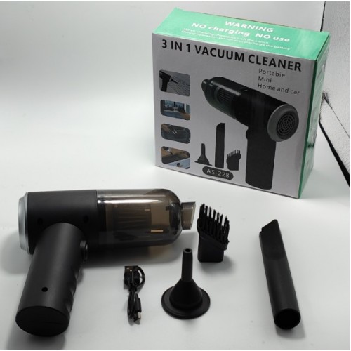 Aspiradora Portátil 3 en 1, Recargable por USB, Mini Aspiradora Inalámbrica de Mano para Auto y Hogar con Filtro Lavable y Accesorios Intercambiables de alta potencia de succión y soplado. Por Mayoreo AS-228