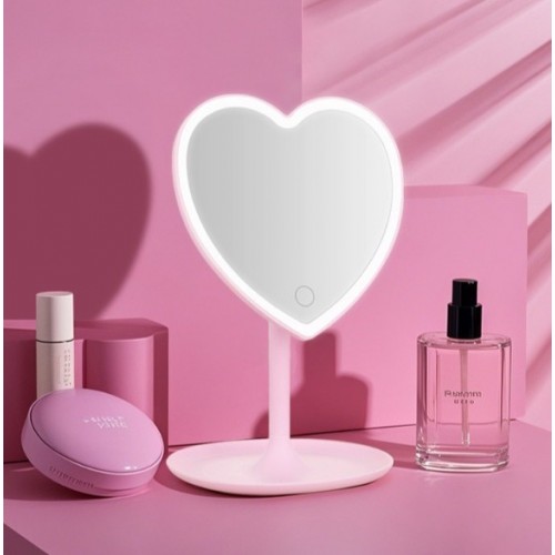 Espejo de maquillaje LED con forma de corazón, luz ajustable con control táctil, diseño moderno y base estable para tocador, Por Mayoreo  CY087