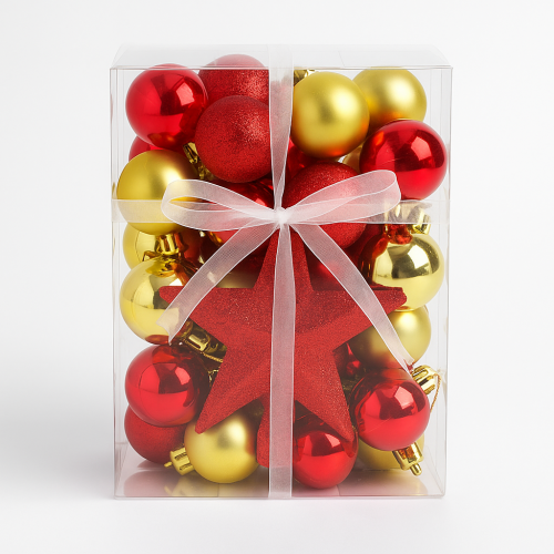 Set de esferas navideñas colgantes rojas y doradas con adorno de pino – Caja decorativa 30pzs Por Mayoreo W-RSDY5327