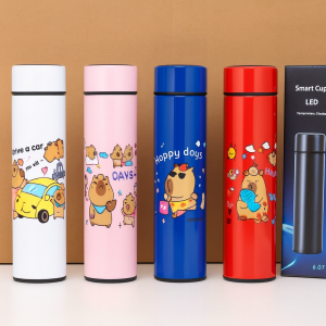 Termo de acero inoxidable con tapa LED de diseños animados. Capacidad 500 ml, para bebidas frías o calientes por horas. Por Mayoreo  A2