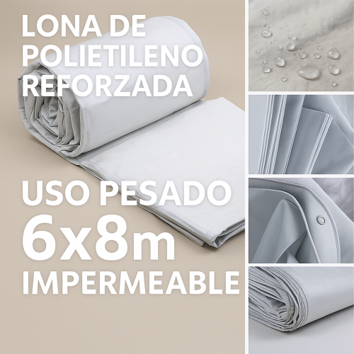 Lona de polietileno tejido uso pesado blanco 6x8 metros – Impermeable y resistente al sol- Perfecta para techados, patios, vehículos, agricultura o construcción. Por Mayoreo 13839-4