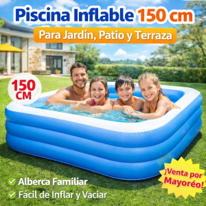 Piscina Inflable Rectangular de 3 Anillos de 150 cm – Alberca Familiar Portátil para Jardín y Patio- Por Mayoreo 1502-9