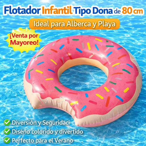 Flotador Inflable Infantil Tipo Dona de 80 cm – Diseño Divertido para Alberca y Playa- Por Mayoreo 1502-20
