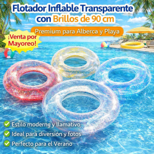 Flotador Inflable Transparente Brillantes de 90 cm – Flotador Premium para Alberca y Playa- Por Mayoreo 1502-24
