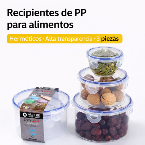 Juego de 3 Recipientes Herméticos de PP para Alimentos – Contenedores Alta Transparencia Antiderrames. Por Mayoreo M34878-14