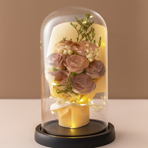 Lámpara decorativa de flores preservadas con luces LED cálidas en cúpula  – Regalo romántico – Batería recargable de doble uso- Por Mayoreo LED943