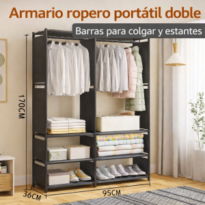 Armario Ropero Portátil Doble con Estantes y Barras para Colgar- Perchero de 2  niveles multifuncional- Por Mayoreo 34122-31