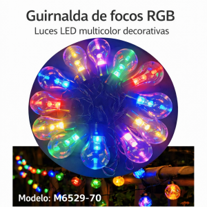 Guirnalda de Focos RGB LED Multicolor Decorativa- 8 metros de distancia Para 20 Focos multicolores con extensión-  Por Mayoreo M6529-70