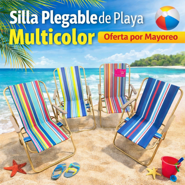 Silla Plegable de Playa Portátil con Reposabrazos, Correa y Bolsa Trasera (2 Pz).  Ligera y portátil- Por Mayoreo 20218-1