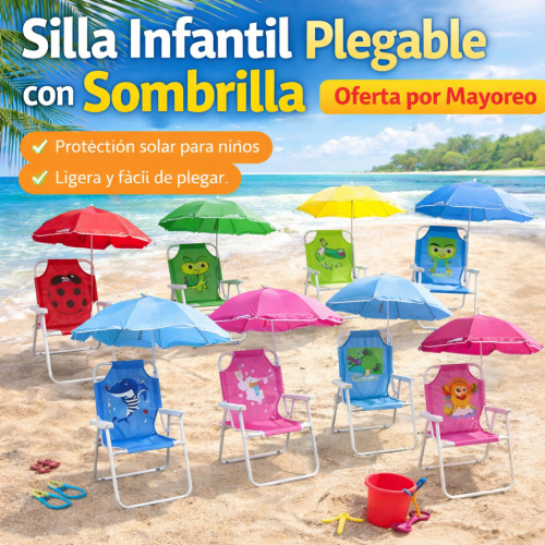 Silla Infantil Plegable con Sombrilla para Playa Portátil para  Exteriores- Por Mayoreo 20218-8