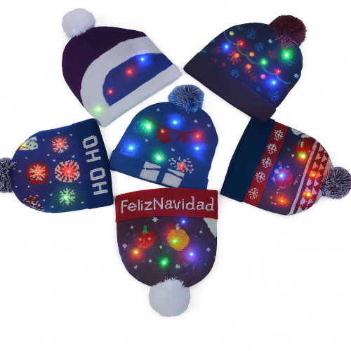 Gorros navideños tejidos con diseños coloridos y luces LED que se iluminan, perfectos para fiestas, o posadas. Por Mayoreo W-RMZ2599
