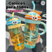 Trios de Botellas infantiles de colores con popote y tapa con ojos 3D – 3 tamaños diferentes – Plástico resistente- Por Mayoreo  883464