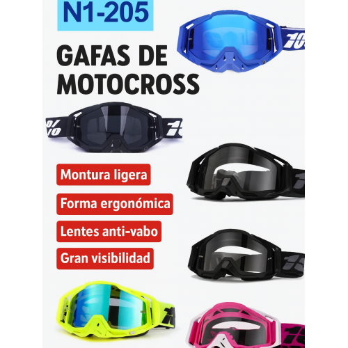 Gafas de motocicleta modelo goggles deportivos para motocross y cuatrimoto con correa ajustable y diseño resistente, Por Mayoreo N1-205