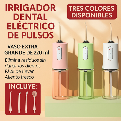 Irrigador dental eléctrico portátil de 220 ml | Limpieza profunda con chorro de agua a presión| Incluye 4 boquillas intercambiables, Por Mayoreo Z-803
