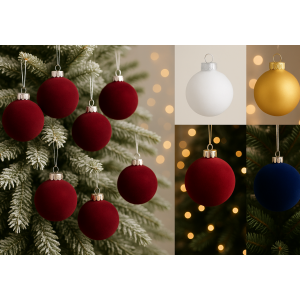 Esferas navideñas aterciopeladas surtidas 8 cm – Decoración elegante para árbol de Navidad en colores rojo vino, azul, dorado y blanco – Adornos navideños de lujo Por mayoreo  M6111--48