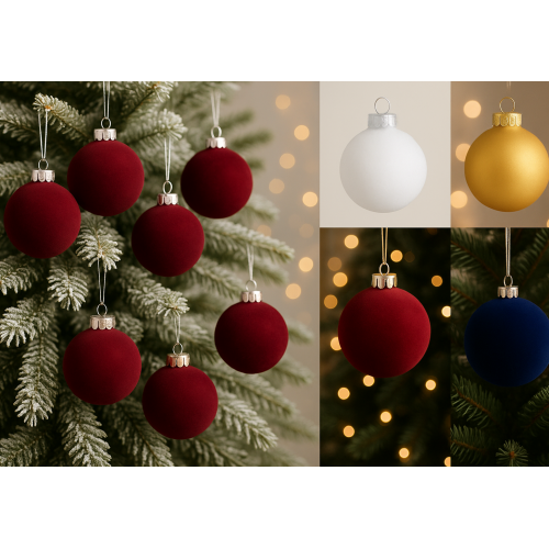 Esferas navideñas aterciopeladas surtidas 8 cm – Decoración elegante para árbol de Navidad en colores rojo vino, azul, dorado y blanco – Adornos navideños de lujo Por mayoreo  M6111--48