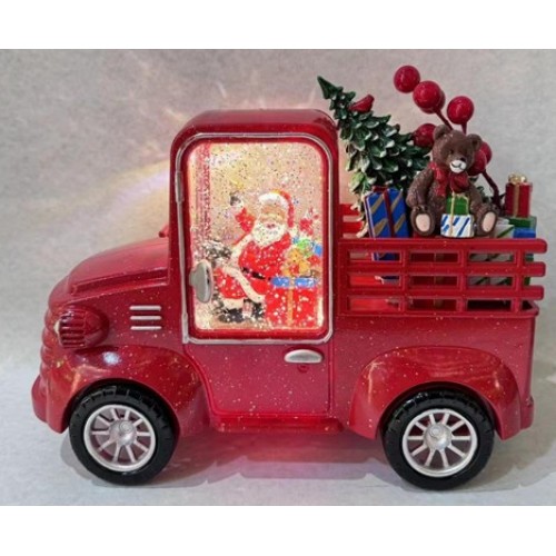 Camión navideño decorativo con Santa Claus, árbol y regalos, luces LED y escarcha brillante, adorno clásico de mesa, Por Mayoreo D-21661