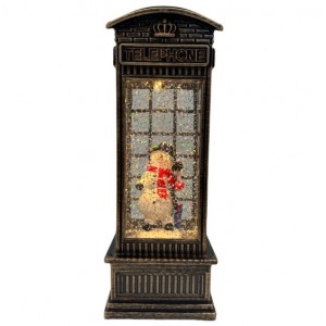 Farol navideño tipo caseta telefónica con luz LED, adorno con muñeco de nieve y escarcha brillante para decoración de hogar y fiestas. Po Mayoreo D-21664 