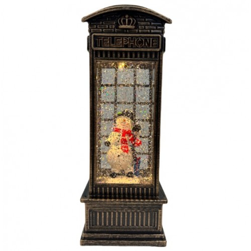 Farol navideño tipo caseta telefónica con luz LED, adorno con muñeco de nieve y escarcha brillante para decoración de hogar y fiestas. Po Mayoreo D-21664 