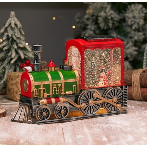Adorno navideño tren musical con luz LED y escarcha, Santa Claus con regalos, decoración de mesa navideña clásica Por Mayoreo D-21669