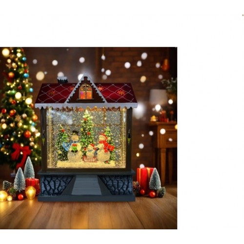 Casita iluminada navideña con Santa Claus y regalos, efecto nieve y luces LED cálidas, Por Mayoreo D-21765