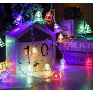 Serie de luces LED en forma de campanitas multicolor, ideal para decoración navideña, fiestas o eventos. Por Mayoreo D-22091