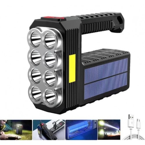 Linterna Táctica Solar de 8 Focos Súper Potentes, Recargable por USB y Panel de Polisilicio, Luz LED de Alto Alcance con Luz Lateral COB, Ideal para Camping, Emergencias y Uso Exterior. Por Mayoreo  HVH-80901