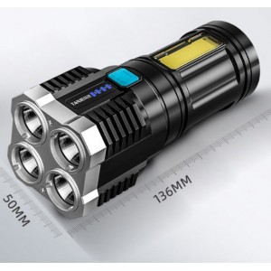 Linterna Táctica Recargable USB, 4 Focos Súper Potentes con Luz Lateral COB, Indicador de Batería, Zoom Ajustable y Cuerpo Resistente, Ideal para Camping, Emergencias. Por Mayoreo LED-1443