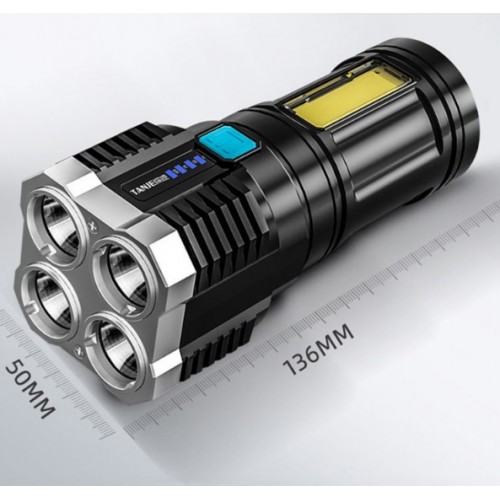 Linterna Táctica Recargable USB, 4 Focos Súper Potentes con Luz Lateral COB, Indicador de Batería, Zoom Ajustable y Cuerpo Resistente, Ideal para Camping, Emergencias. Por Mayoreo LED-1443